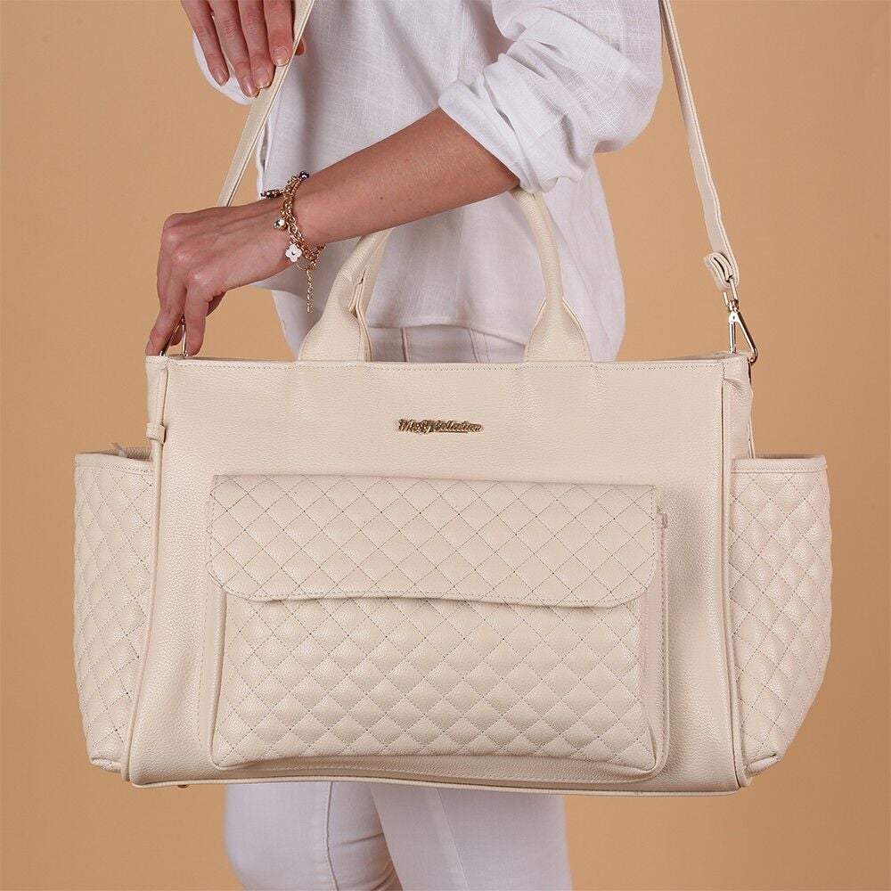 Krem Renk Deri Anne Bebek Bakım Çantası