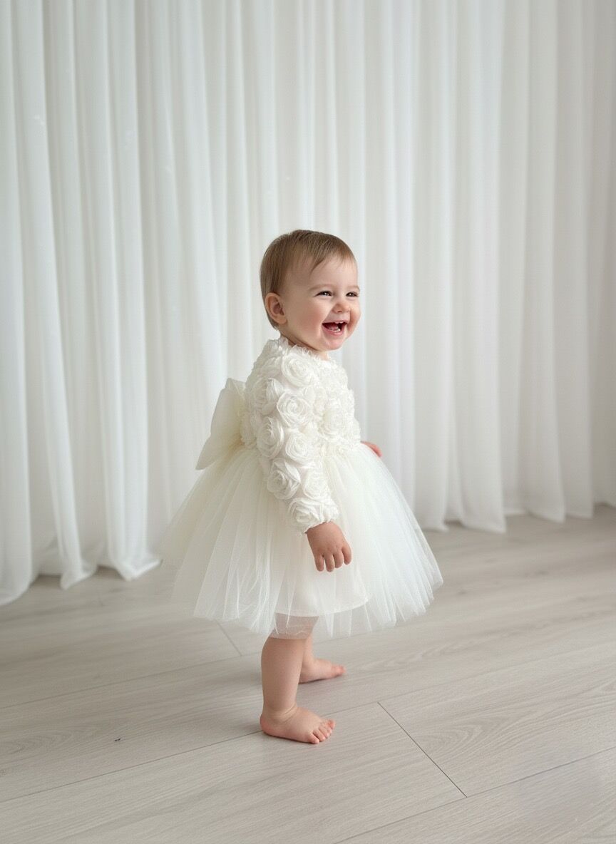 Ekru Güllü Tütü Elbise- 6 ay/ 5 yaş Arası