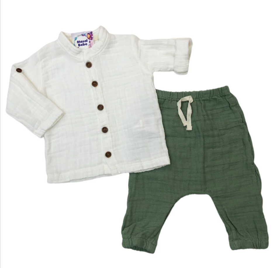 Müslin Erkek Takım-  Beyaz-Yeşil