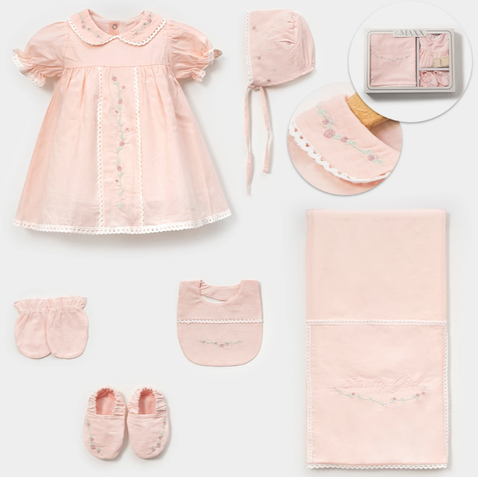 Elbiseli Çiçek Nakışlı Hastane Çıkışı- 6 Parça