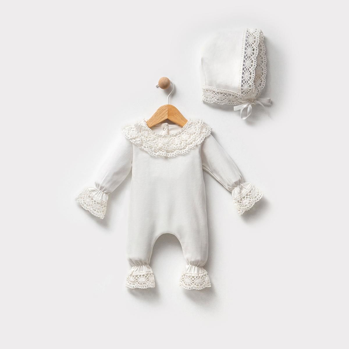 Krem Rengi Küpür Detaylı Tulum Seti 0-3 Ay