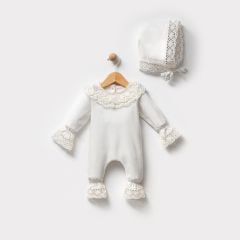 Krem Rengi Küpür Detaylı Tulum Seti 0-3 Ay