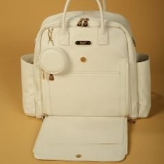 Ekru Rengi Deri Anne Bebek Bakım Sırt Çantası