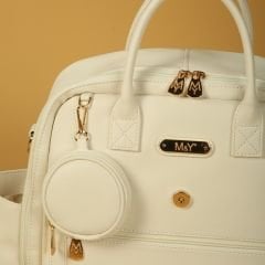 Ekru Rengi Deri Anne Bebek Bakım Sırt Çantası