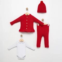 4 Parça Yünlü Hırkalı Takım- Kırmızı