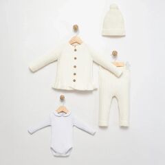 4 Parça Yünlü Hırkalı Takım- Krem