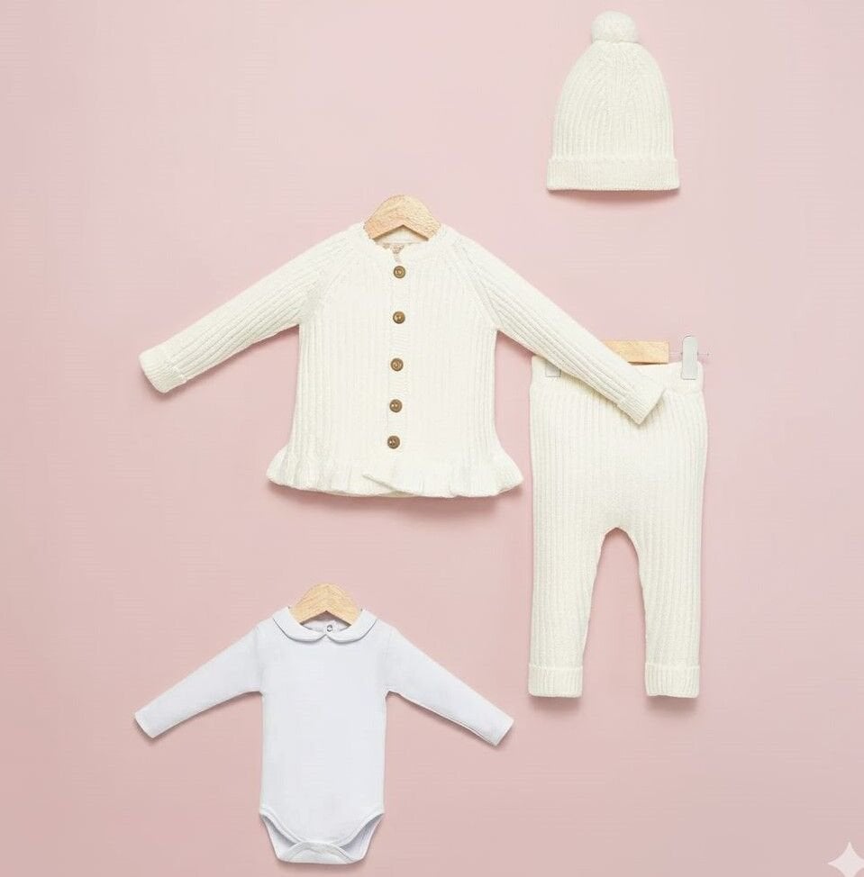 4 Parça Yünlü Hırkalı Takım- Krem