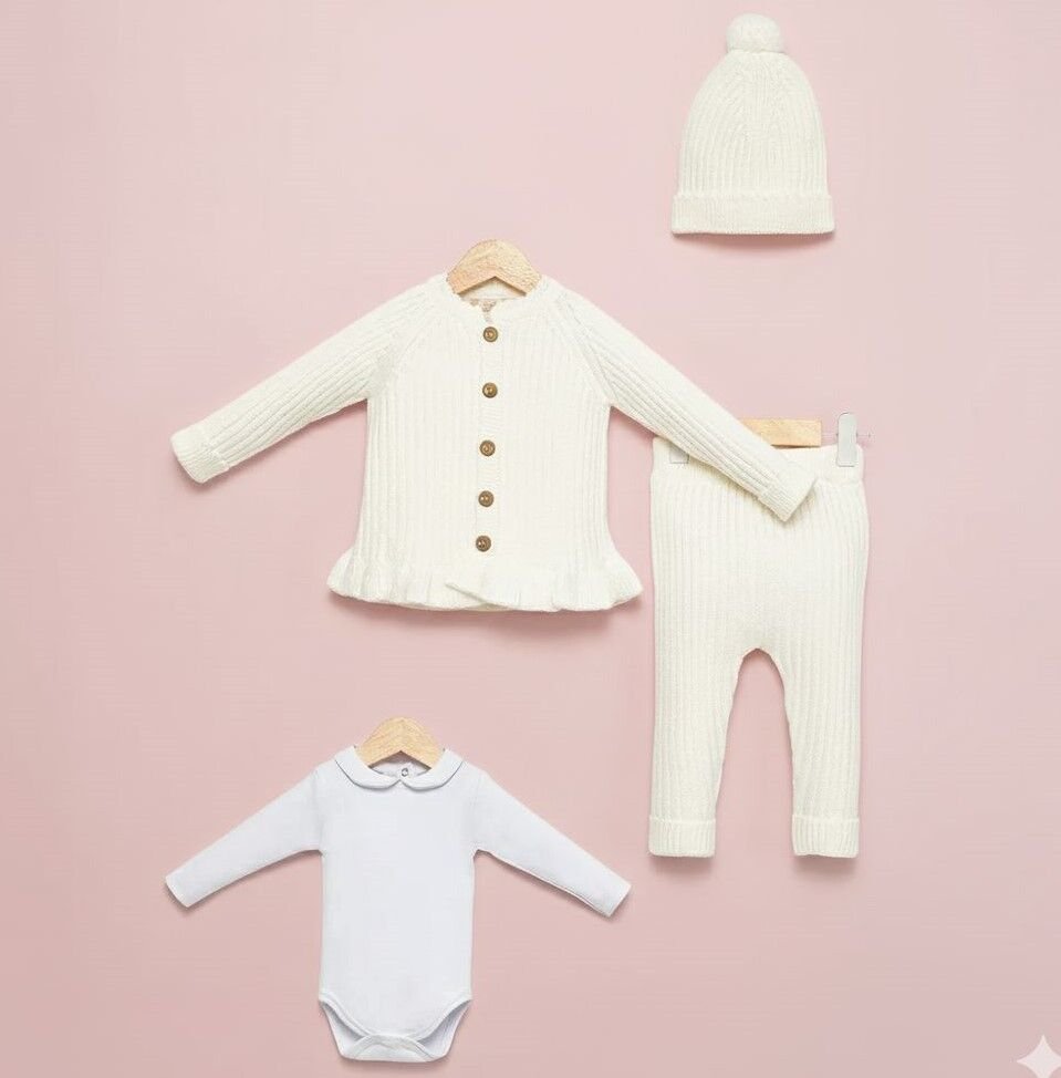 4 Parça Yünlü Hırkalı Takım- Krem