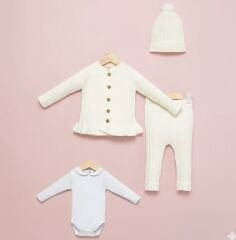 4 Parça Yünlü Hırkalı Takım- Krem