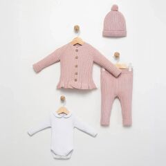 4 Parça Yünlü Hırkalı Takım- Pembe