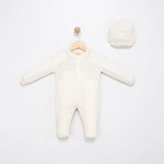 Organik Triko Tulum Şapka Seti- Krem