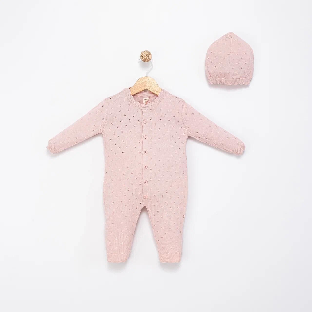 Organik Triko Tulum Şapka Seti- Pembe