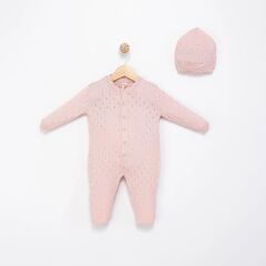 Organik Triko Tulum Şapka Seti- Pembe