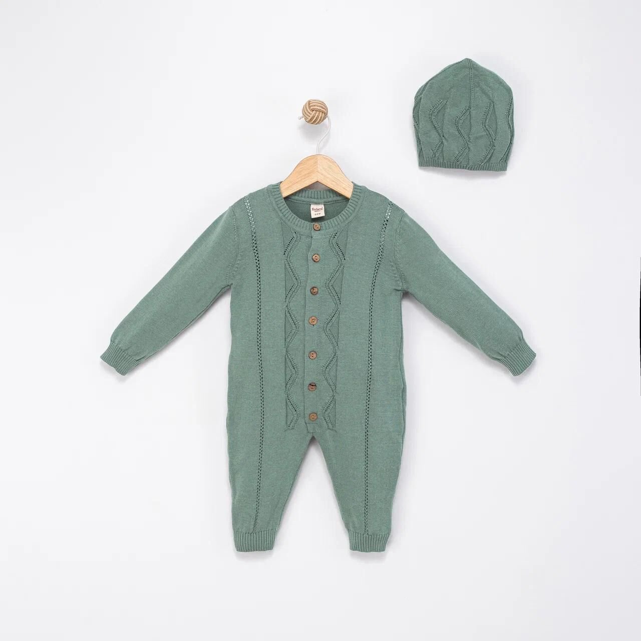 Organik Triko Tulum Şapka Seti- Yeşil