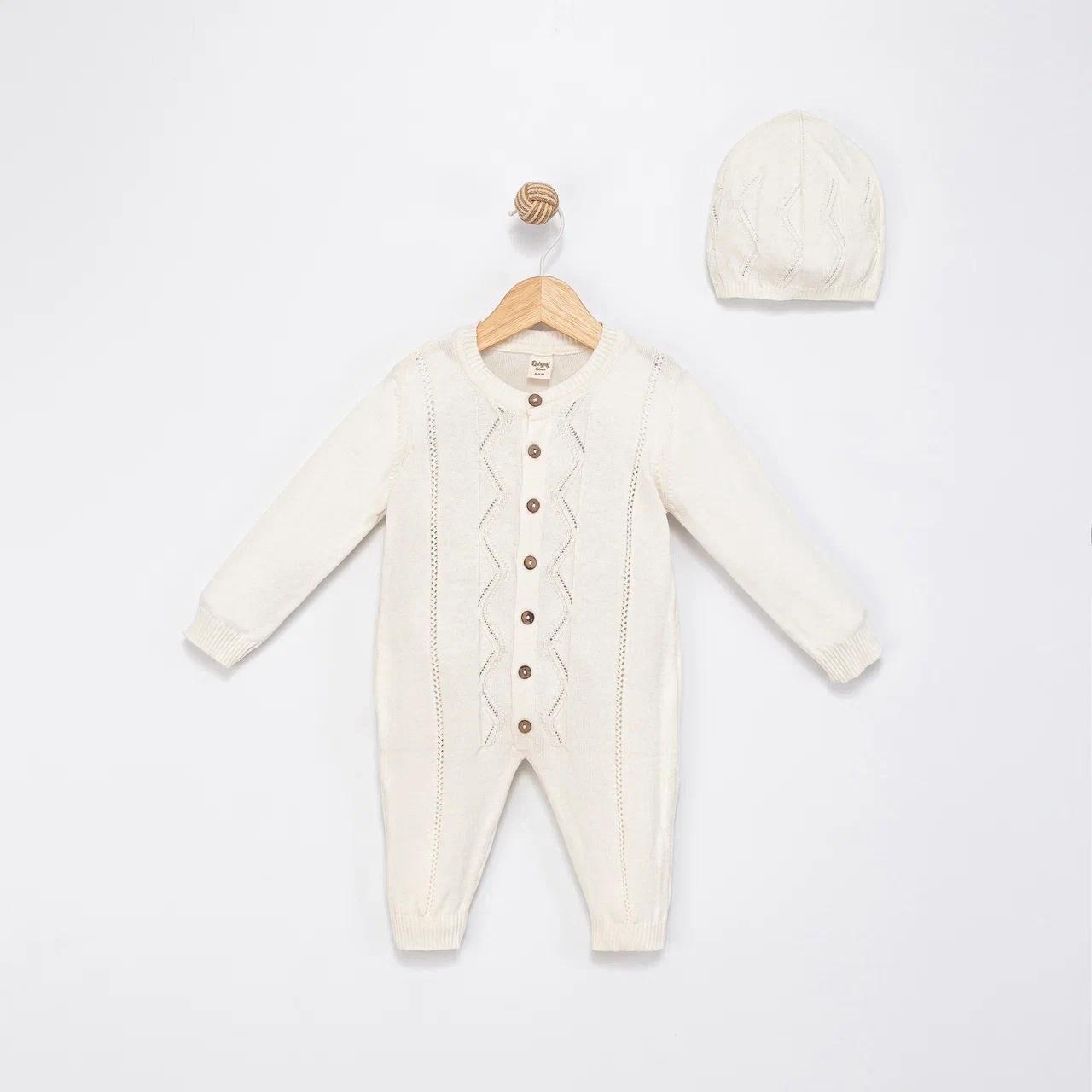 Organik Triko Tulum Şapka Seti- Krem