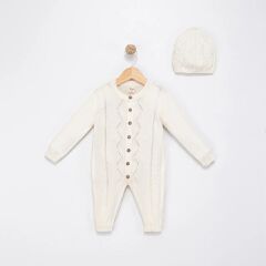 Organik Triko Tulum Şapka Seti- Krem