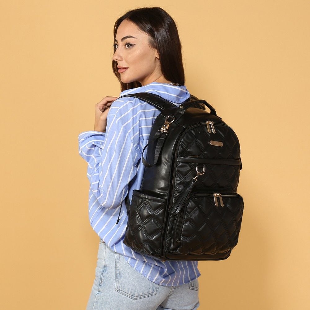 Siyah Renk Deri Anne Bebek Bakım Sırt Çantası