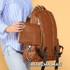 Taba Renk Deri Anne Bebek Bakım Sırt Çantası