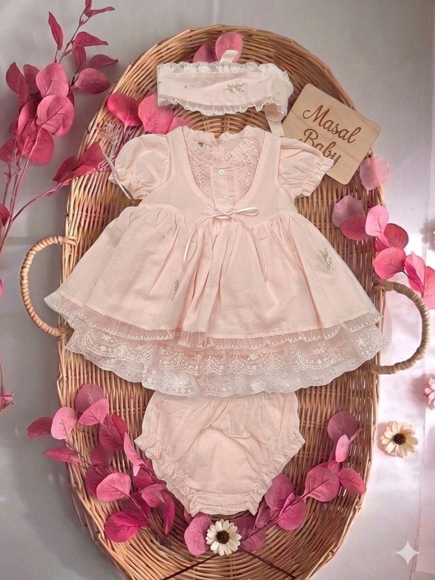 Pudra Çiçek İşlemeli Jile ve Bandana