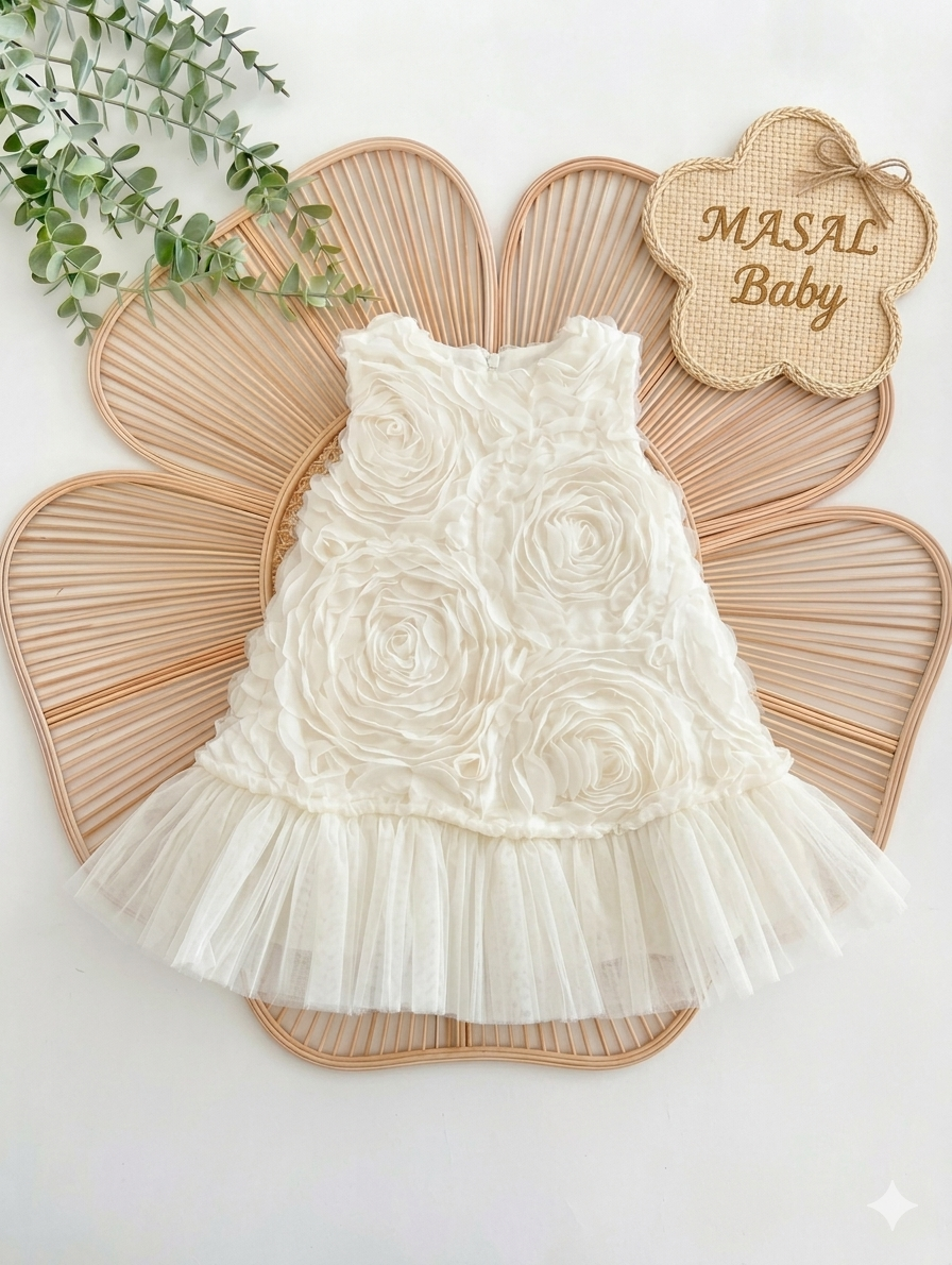 Kolsuz Güllü Elbise- Ekru Rengi- 6/24 Ay arası