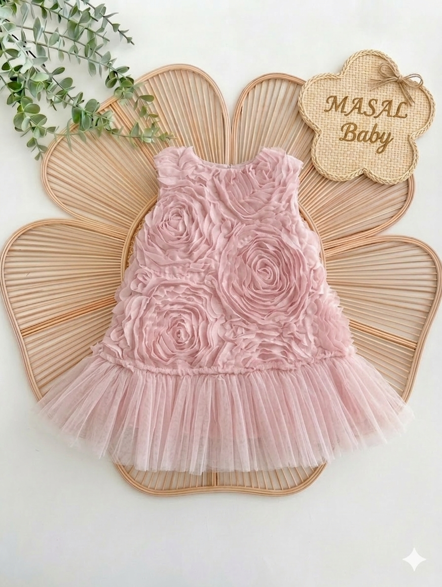 Kolsuz Güllü Elbise- Pembe  Rengi- 6/24 Ay arası