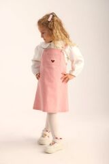 Pembe Denim Kalp Nakışlı Pamuklu Kız Çocuk Jile Elbise Ve Gömlek- 2/5 Yaş