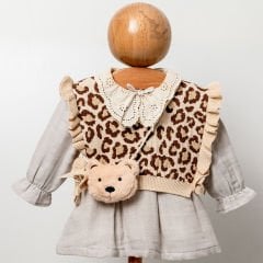 Çantalı Gri Müslin Elbise Ve Triko Leopar Süveter