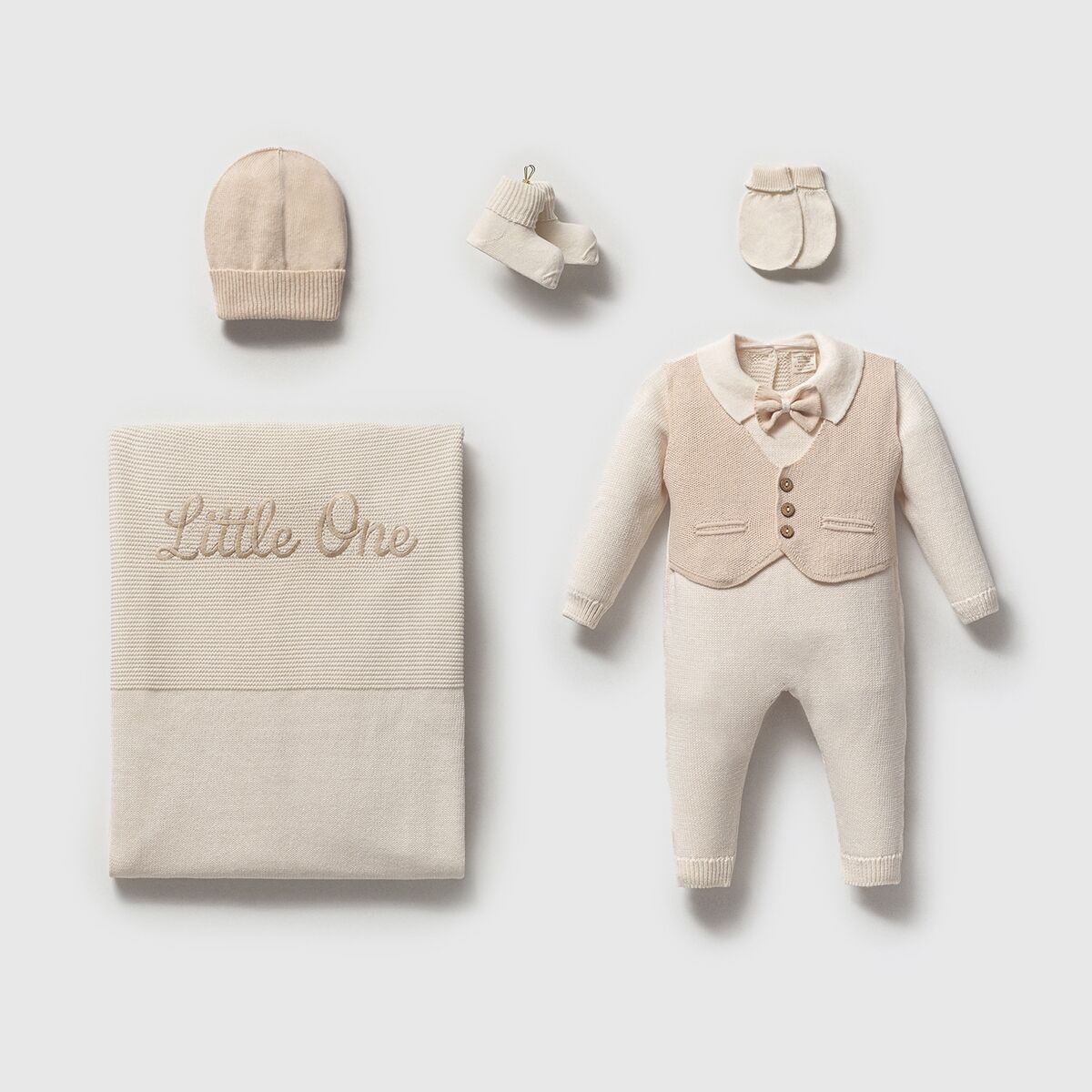 Bej Papyonlu Organik Triko Hastane Çıkışı- 5 Parça