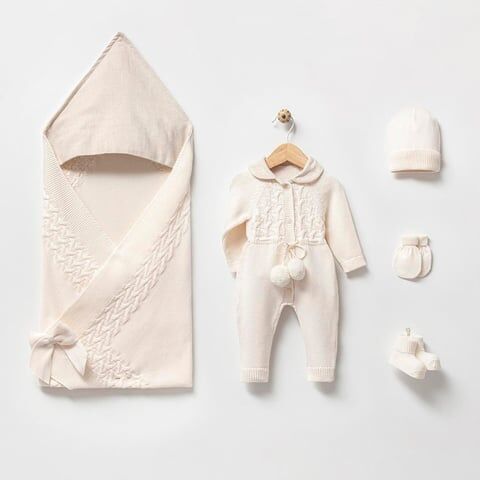 Bej Ponponlu Organik Triko Hastane Çıkışı- 5 Parça