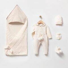 Bej Ponponlu Organik Triko Hastane Çıkışı- 5 Parça