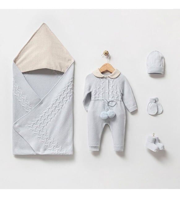 Mavi Ponponlu Organik Triko Hastane Çıkışı- 5 Parça