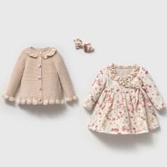 Çiçekli Müslin Elbise Ve Triko Hirka Takim 3 Parça