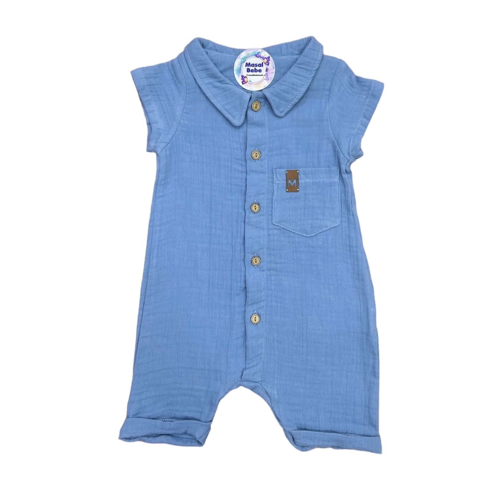 Gömlek Yakalı Müslin Tulum- Mavi